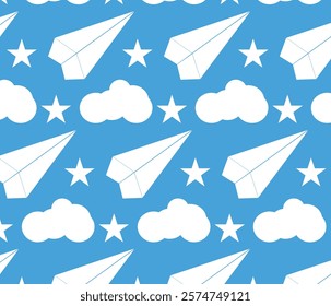 Repeating pattern of folded airplane, cloud and stars on blue background