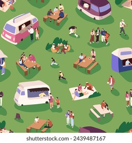 Wiederholtes Muster von Foodtrucks, Picknicktischen. Eine Menge winziger Leute haben Spaß, spielen, essen auf dem Sommerfest. Ferienveranstaltung, Unterhaltung im Freien, Erholung. Nahtlose Abbildung mit flachem Vektor