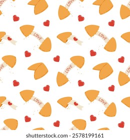 Repeating pattern with fortune cookies. Vector print for romantic and lucky occasions. Ideal for wallpapers, invitations, party decor, textile and digital graphics