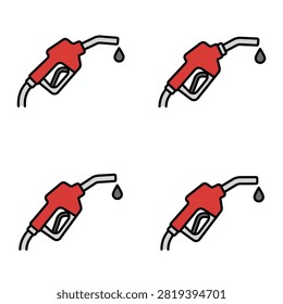 A repeating pattern of four red gasoline fuel pump nozzles with a single black oil drop hanging from the spout against a clean white background