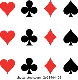 A repeating pattern of the four standard playing card suits: hearts, clubs, diamonds, and spades, displayed in red and black on a clean white background.