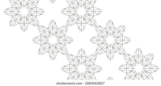 A repeating pattern of geometric shapes, resembling stylized flowers or stars, is displayed against a white backdrop. The design is composed of interconnecte...