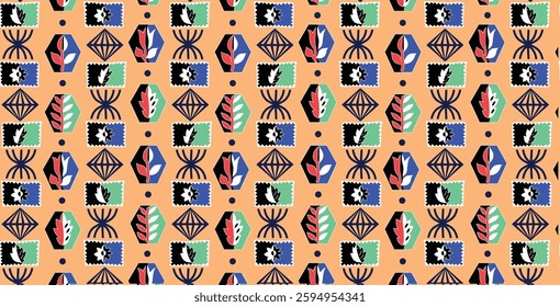 repeating pattern of geometric shapes and stylized leaf and flag-like motifs on a light orange background, for textile, wallpaper, gift wrapping, print