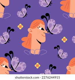 A repeating pattern with a girl and a butterfly. Fashionable print in a flat style.
