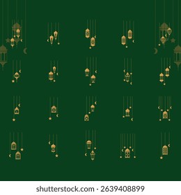 Repeating pattern of gold-colored Islamic lanterns and crescent moons suspended from strings against a dark green background.  The lanterns and crescents are stylized and outlined, 