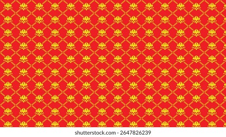 Um padrão repetitivo de motivos dourados de flor de lis dispostos em um fundo vermelho brilhante com uma grade de linhas tracejadas.