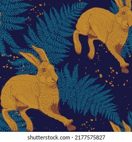 Repeating pattern, golden rabbit on fern background, seamless pattern on dark background. Nature pattern for gift paper, wallpaper, packaging, fabric print, bedding, textile