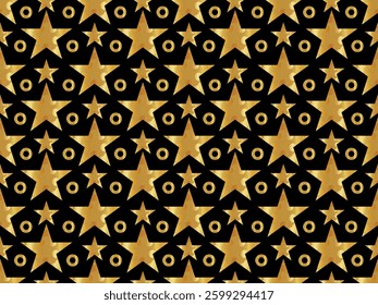 A repeating pattern of golden stars and circles on a black background, creating a striking and vibrant design.