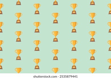 Un patrón repetitivo de trofeos dorados sobre un fondo azul claro.