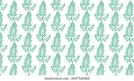 A repeating pattern of green foliage and leaves against a white background.