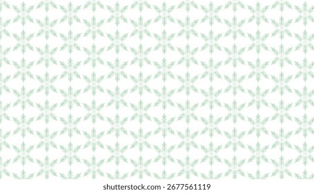 Repeating pattern of green geometric snowflake-like motifs on a white background Keywords pattern, geometric, green