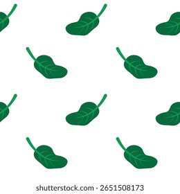 Patrón repetitivo de hojas verdes en varias Orientaciones sobre un fondo claro; diseño minimalista simboliza la naturaleza, el crecimiento y el equilibrio orgánico, adecuado para textiles o temas ecológicos.