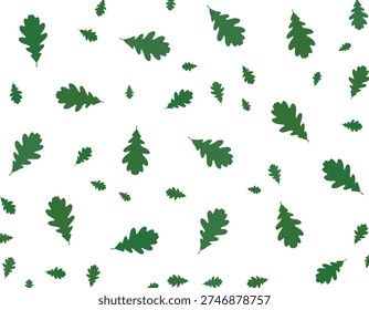 A repeating pattern of green oak leaves scattered across a white background. The leaves vary in size and orientation, creating a natural, organic feel.
