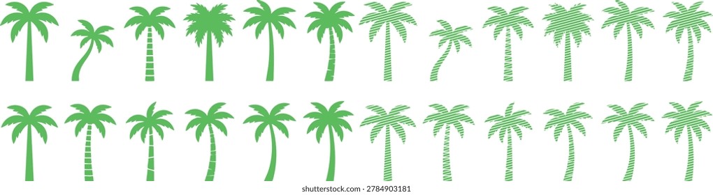 A repeating pattern of green palm trees on a white background. The palm trees are illustrated in various shades of green and are arranged in two rows across the trees vary slightly in size and shape, with some having more leaves than others. The background is solid white, providing a clean and simple contrast to the green palm trees.
