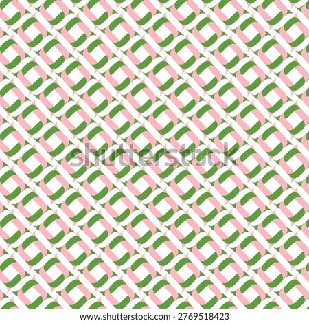 A repeating pattern of green and pink shapes. The shapes create a visually interesting arrangement. The overall look is neat and organized, forming a distinct style.