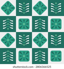 A repeating pattern of green and white square tiles with leaf designs