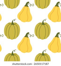 Repeating pattern with green and yellow gourds on white background. Fall harvest decoration for packaging and seasonal use