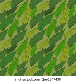 A repeating pattern of green and yellow leaves arranged in a diagonal pattern on a green background.