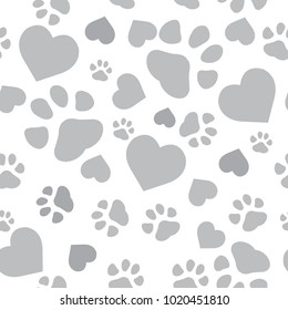 repeating pattern with grey paw print and coral hearts on white background