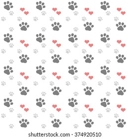 repeating pattern with grey paw print and coral hearts on white background
