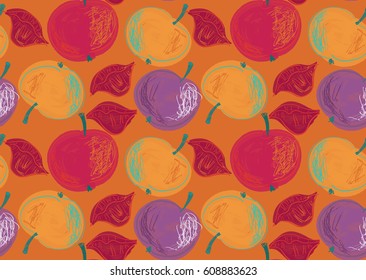 Repeating pattern with Hand drawn with pencils apples on orange.Hand drawn with ink and colored with marker brush seamless background. Creative seasonal design with abstract fruits.
