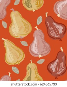 Repeating pattern with Hand drawn with pencils pears on orange.Hand drawn with ink and colored with marker brush seamless background. Creative seasonal design with abstract fruits.