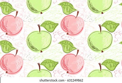 Repeating pattern with Hand drawn with pencils green pink apples on white.Hand drawn with ink and colored with marker brush seamless background. Creative seasonal design with abstract fruits.