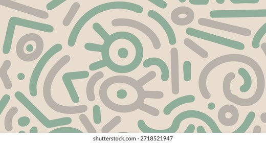 A repeating pattern of hand-drawn abstract organic shapes and lines in muted green and beige tones.