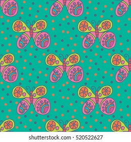 Repeating pattern with hand-drawn colorful butterflies and small circles around in children's style on green. Seamless festive abstract background, infinity wrapping paper. Vector illustration. 