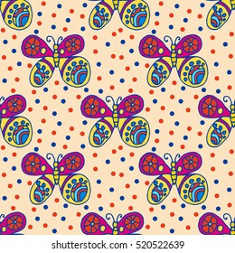 Repeating pattern with hand-drawn colorful butterflies and small circles around in children's style on beige. Seamless festive abstract background, infinity wrapping paper. Vector illustration. 