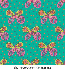 Repeating pattern with hand-drawn colorful butterflies and small circles around in children's style on green. Seamless festive abstract background, infinity wrapping paper. Vector illustration. 