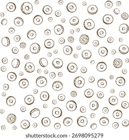 A repeating pattern of hand-drawn donuts in various sizes and styles, with different toppings and textures.