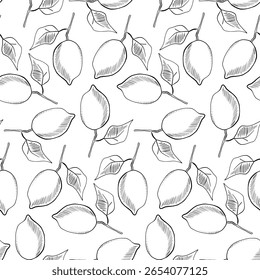 A repeating pattern of hand-drawn lemons and leaves is featured, set against a clean white background, creating a fresh and vibrant feel perfect for various design projects.