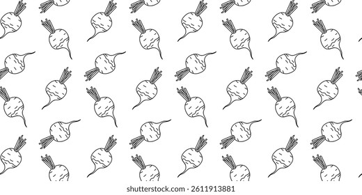 Repeating pattern of hand-drawn radishes on a white background showcasing simple artistic design for fabric or wallpaper
