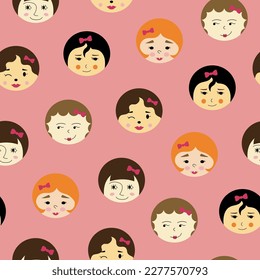 Repeating pattern, handsome girlish faces. Endless background, women countenance. Colorful vector simple elements
