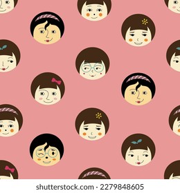 Repeating pattern, handsome girlish faces. Endless backdrop, feminine visage. Vector illustration in simple flat style
