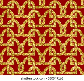 Repeating pattern of hearts in gold glitter on red background. Swatch of intertwined hearts for Valentine's day gift wrapping design.