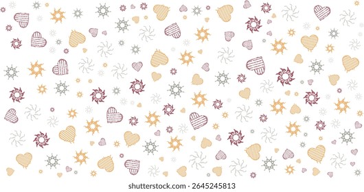 Repeating Pattern with Hearts, Suns, and Star Shapes in Soft Colors
