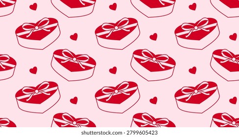 Repeating pattern of heart-shaped gift boxes with ribbons, suitable for romantic, celebration, or festive themes in seamless design.