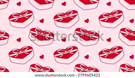 Repeating pattern of heart-shaped gift boxes with ribbons, suitable for romantic, celebration, or festive themes in seamless design.