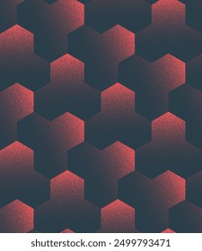 Patrón de repetición de Formas hexagonales con un gradiente de puntos rojos en una abstracción de Vector de fondo desvanecida. Hexagones formados por una densidad de puntos, creando un efecto tridimensional