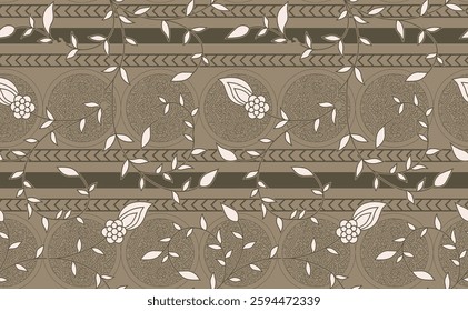 repeating pattern with horizontal bands of floral and geometric designs in muted brown and cream tones, for textile, wallpaper, gift wrapping, print