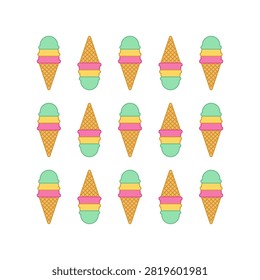 A repeating pattern of ice cream cones with three scoops in pastel colors.