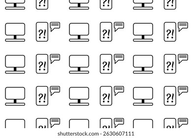Repeating pattern of icons computer, questions, phone, communication. Vector infinity pattern - symbol problem solving and customer service questions. Flat elements for design of online stores, chat