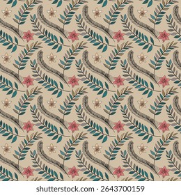 Repeating Pattern Includes Stylized Branches With Teal And Brown Leaves, Feathers With Intricate Line Details, And Four-Petal Flowers In Pink And Beige.