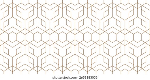A repeating pattern of interconnected geometric shapes, primarily hexagons and rhombuses, rendered in thin copper lines against a clean white backdrop, creating a modern and stylish aesthetic.