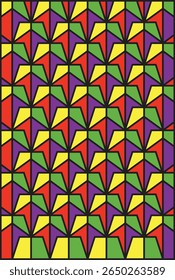Um padrão repetitivo de triângulos coloridos entrelaçados, em tons de vermelho, amarelo, verde e roxo, contornados em preto.
