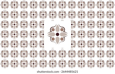 A repeating pattern of interlocking floral motifs in muted tones of beige and brown. The design is symmetrical and creates a visually appealing texture.