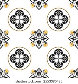 A repeating pattern of intricate floral designs in black and gold against a white background, creating a classic and elegant aesthetic.