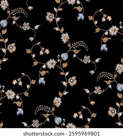 A repeating pattern of intricate floral vines and blossoms on a black background. The vines are stylized, with shades of red, green, yellow, blue, cyan, pink and gold.